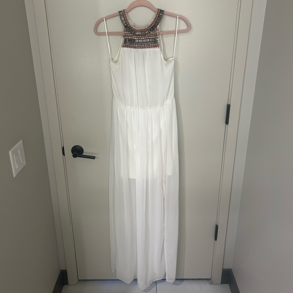 Zara Trafaluc White Chiffon Beaded Maxi Dress